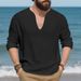 Men's Relaxed Fit Linen V-Neck Tee - Breathable Long Sleeve Shirt For Autumn (7 Colors, M-XXXL)_viptrois.com