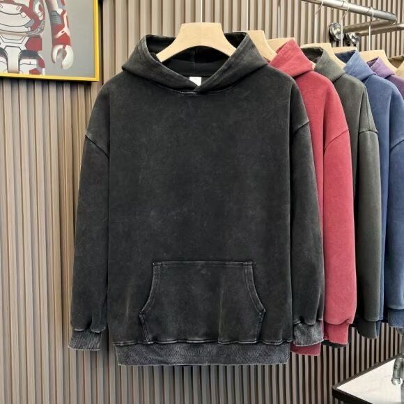 Old Washed Hooded Sweatshirt For Men With Dropped Shoulders And Thick Solid Color Hoodie_viptrois.com