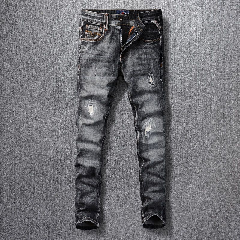 Men's Clothing Retro Ripped Jeans For Men Black Grey Washed Distressed Personality Worn Patches Slim Fit Trousers_viptrois.com