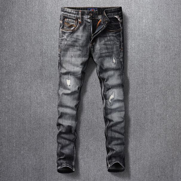 Men's Clothing Retro Ripped Jeans For Men Black Grey Washed Distressed Personality Worn Patches Slim Fit Trousers_viptrois.com