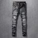 Men's Clothing Retro Ripped Jeans For Men Black Grey Washed Distressed Personality Worn Patches Slim Fit Trousers_viptrois.com