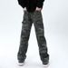 Military Camo Cargo Jeans – Oversized Distressed Denim Pants With Deconstructed Hem & Utility Pockets_viptrois.com