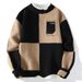 Men's Contrast Color Sweater – Thick Winter Pullover, Loose Fit Round Neck (White/Black/Dark Khaki, M-4XL)_viptrois.com