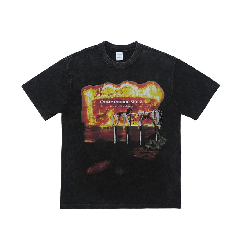 American Style Washed Vintage Flame Horse Print Drop Shoulder Loose Fit Couple T-Shirt Trend_viptrois.com