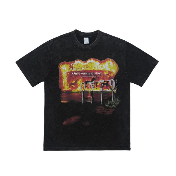 American Style Washed Vintage Flame Horse Print Drop Shoulder Loose Fit Couple T-Shirt Trend_viptrois.com