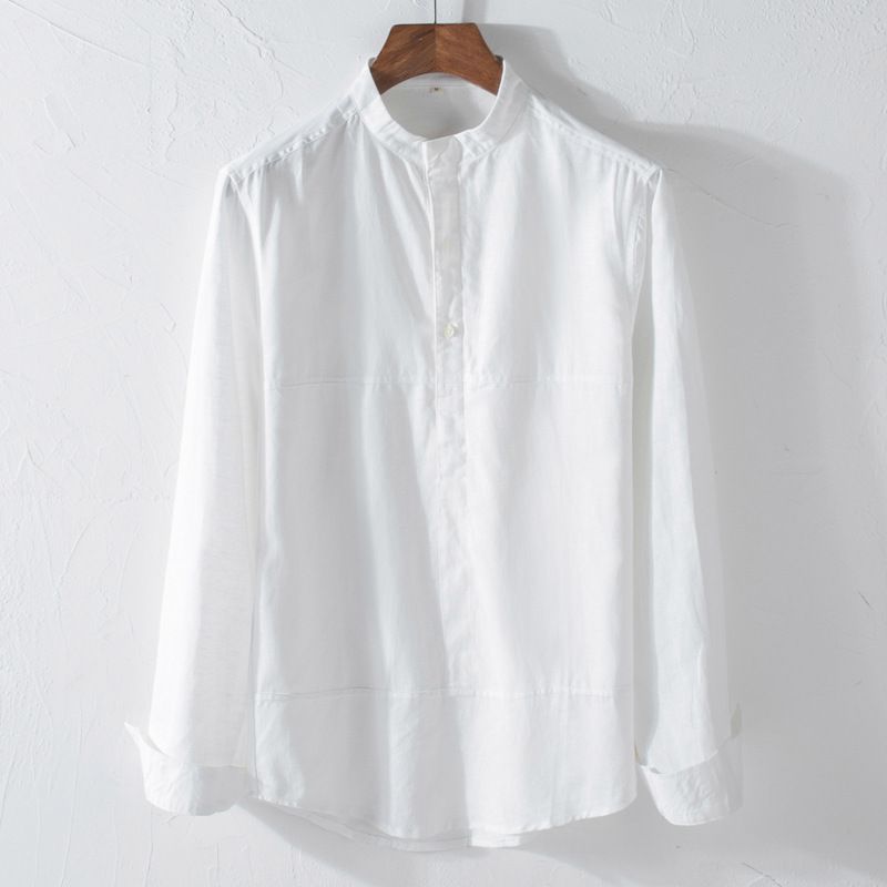 Men's Clothing Fashion Casual Linen Shirt Stand Collar Slim Fit Solid Color Splicing Long Sleeve Cotton And Linen Shirt_viptrois.com