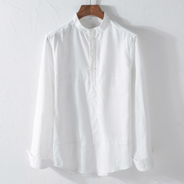 Men's Clothing Fashion Casual Linen Shirt Stand Collar Slim Fit Solid Color Splicing Long Sleeve Cotton And Linen Shirt_viptrois.com