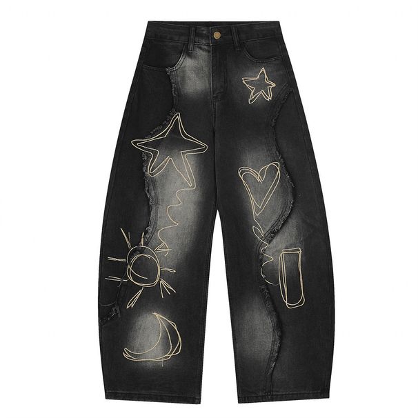 Loose Fit Denim Scimitar Pants Men's High Street Trend Embroidered Irregular Deconstructed Patchwork Frayed Wide-Leg_viptrois.com