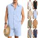 Men's Clothing Men's Summer Linen Suit Hawaiian Collared Sleeveless Shirt And Shorts Beachwear For Men For Formal & Casual_viptrois.com