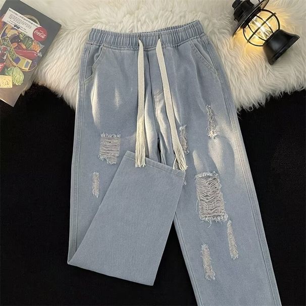 Summer Lightweight Loose Straight Wide-leg Trendy Ripped Jeans For Men, Casual And Versatile High Street Denim Pants_viptrois.com