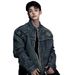 Men's Clothing Retro Washed Yellow Mud Dyed Blue Stand Collar Denim Jacket Handsome Loose Coat Top Trendy Street_viptrois.com