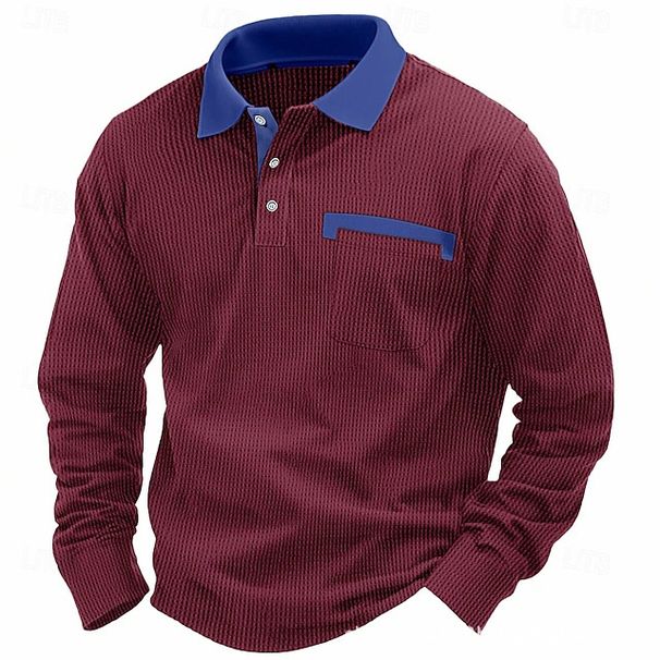 Men's Long Sleeve Waffle Knit Polo Shirt - Casual Loose Fit Button Down Collar T-Shirt For Autumn & Spring - Solid Color Breathable Fabric_viptrois.com