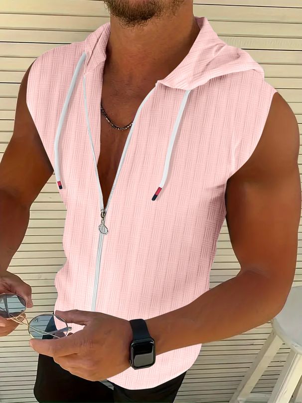 Men's Clothing Summer Jacquard Striped Zipper Cardigan Sleeveless Hooded T Shirt Top_viptrois.com
