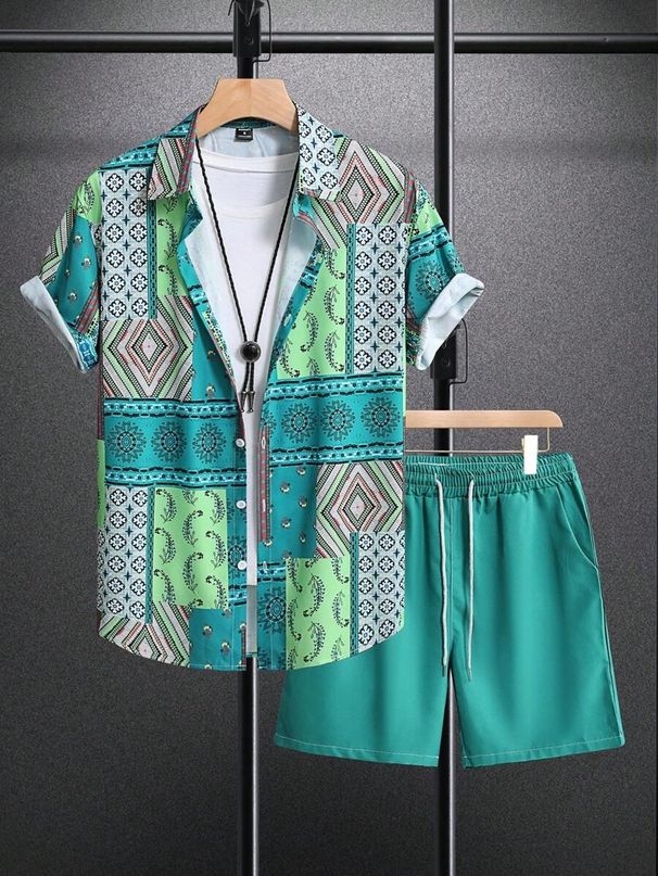 Men's Clothing Retro Contrasting Pattern Printing Cross Border Vacation Shirt Shorts Two Piece Set_viptrois.com