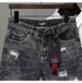 Denim Shorts Men's Instagram Summer Thin Korean Version Trendy Slim Fit Black Gray Beggar Scratch Hole Five Piece Pants_viptrois.com