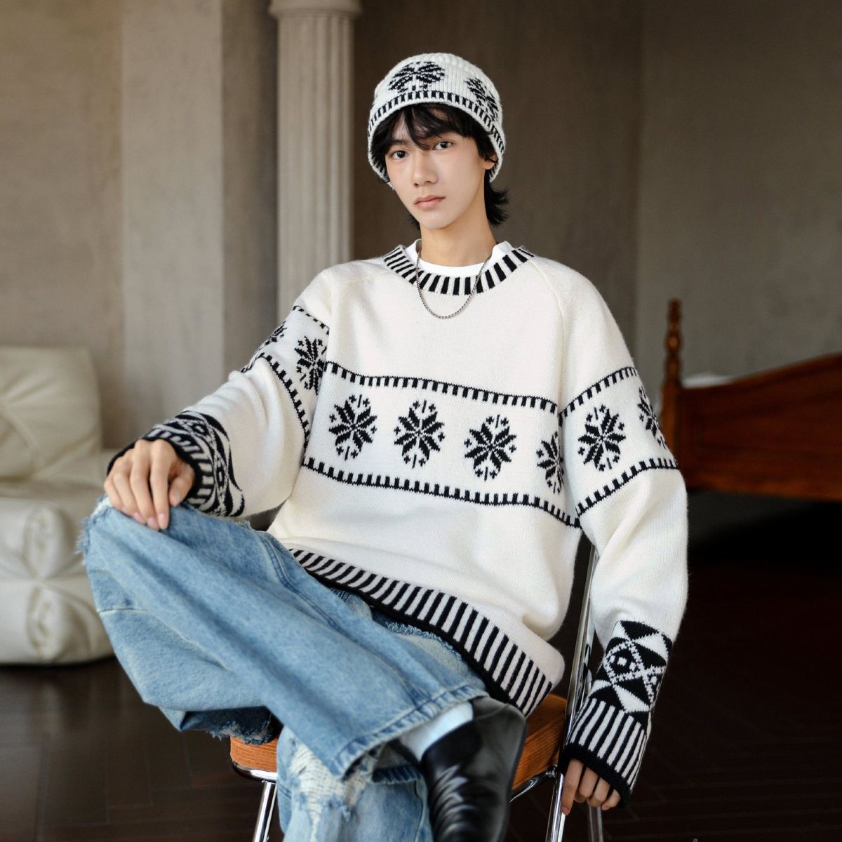 Pure American Retro Color-Block Jacquard Knit Unisex Cleanfit Couple Sweater Lazy Style Coat Trendy_viptrois.com