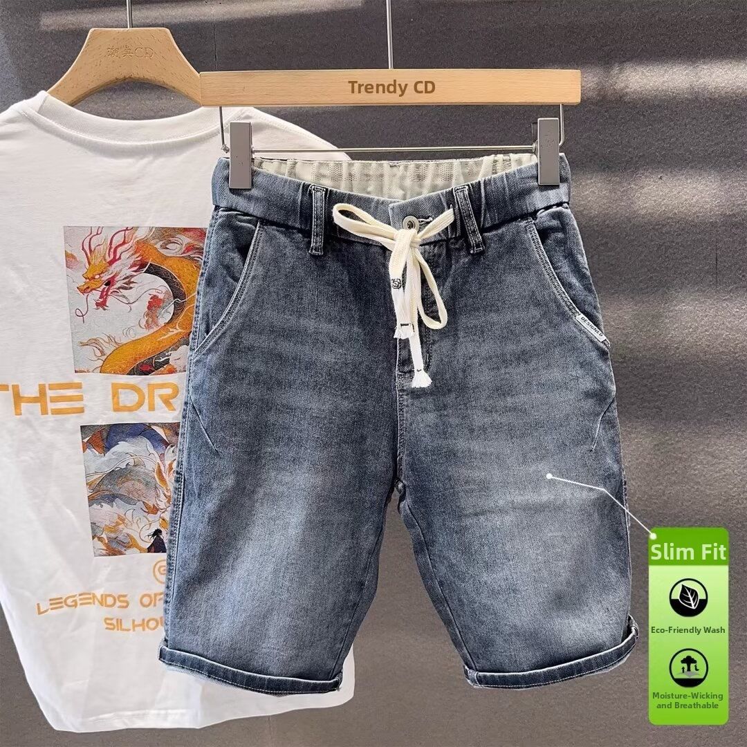 Men's Stretch Casual Denim Shorts Elastic Waist Drawstring Blue Summer New Style Slanted Pockets Five Point Pants_viptrois.com