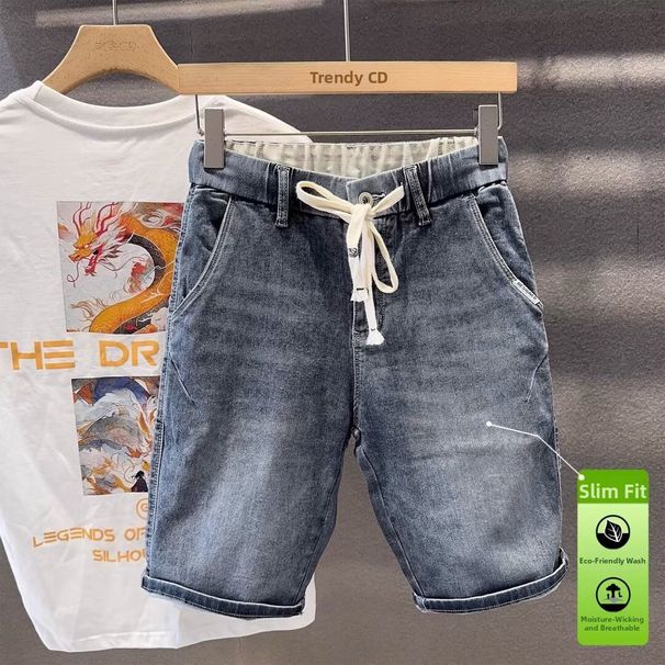Men's Stretch Casual Denim Shorts Elastic Waist Drawstring Blue Summer New Style Slanted Pockets Five Point Pants_viptrois.com