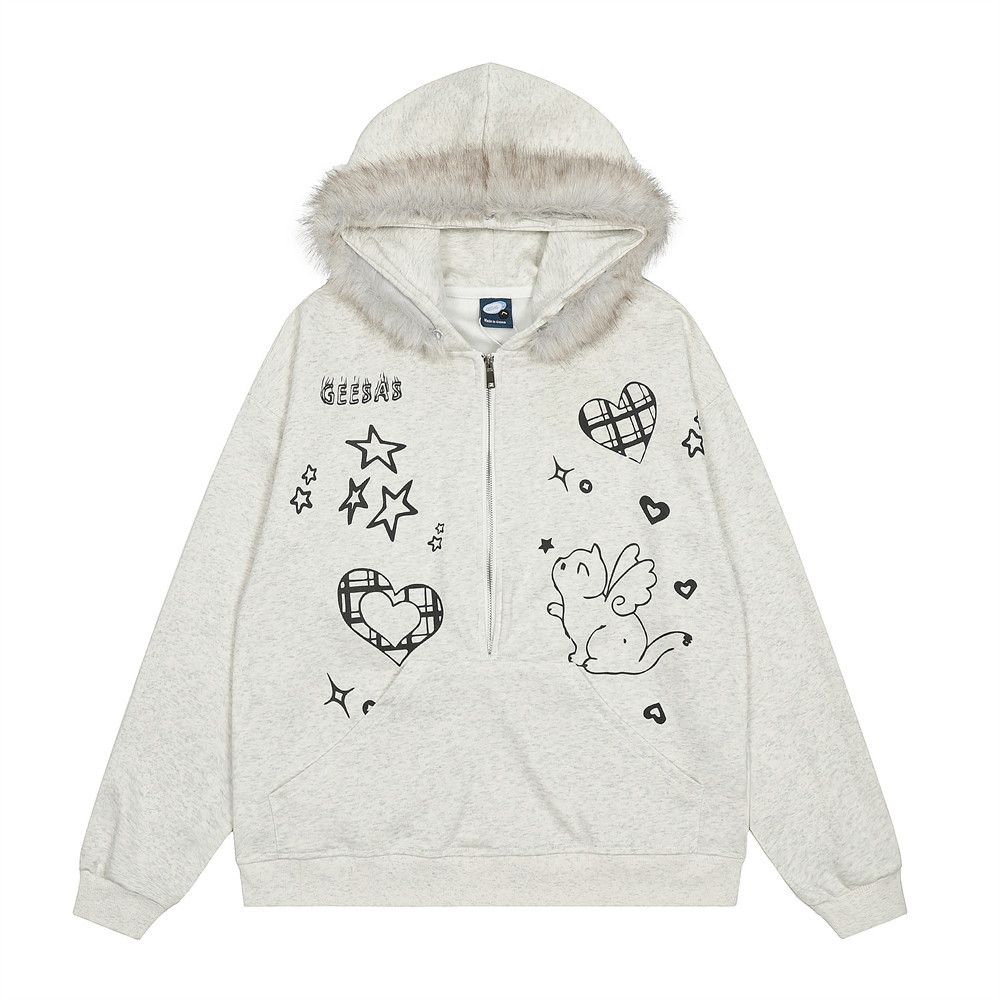 Cartoon Print Design Hooded Sweatshirt Loose Fit Men's Trendy Brand Detachable Fur Collar Half-Zip Casual Jacket_viptrois.com