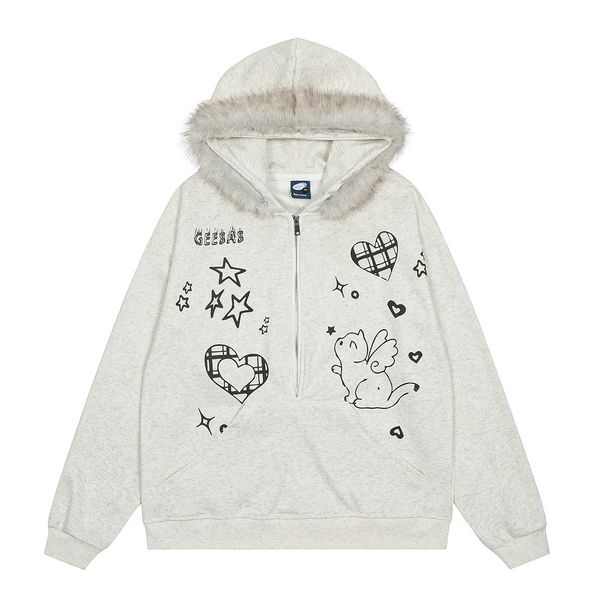 Cartoon Print Design Hooded Sweatshirt Loose Fit Men's Trendy Brand Detachable Fur Collar Half-Zip Casual Jacket_viptrois.com
