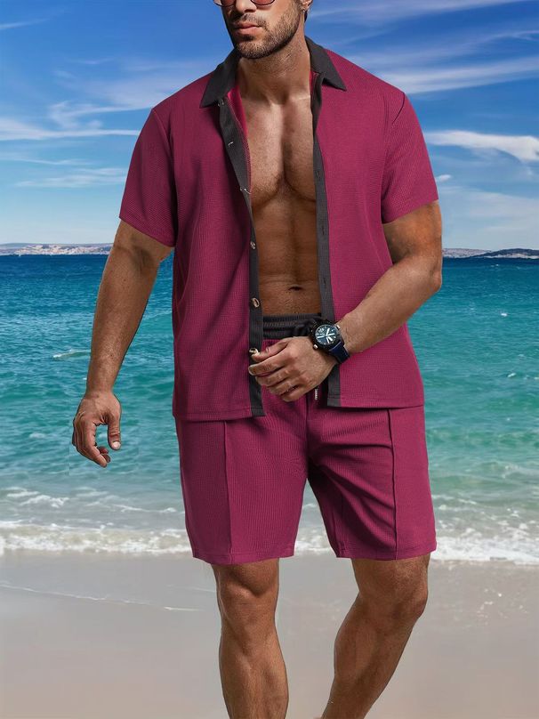 Men's Casual Versatile Lapel Button Down Color Matching Shirt Short Sleeved Shorts Suit_viptrois.com