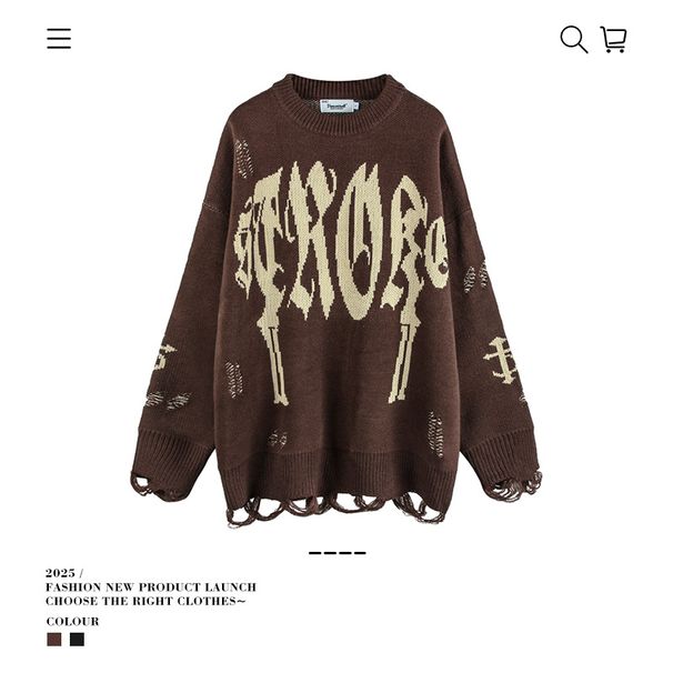 American High Street Letter Jacquard Perforated For Men And Women, Oversized Loose Round Neck Casual Knit Sweater_viptrois.com