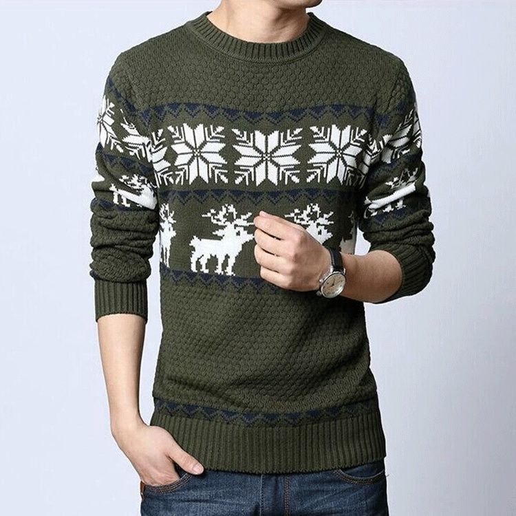 Pure Elk Pattern Korean Style Slim Fit Pullover Crew Neck Sweater Trendy Casual Men's Knitted Base Shirt Jacket_viptrois.com