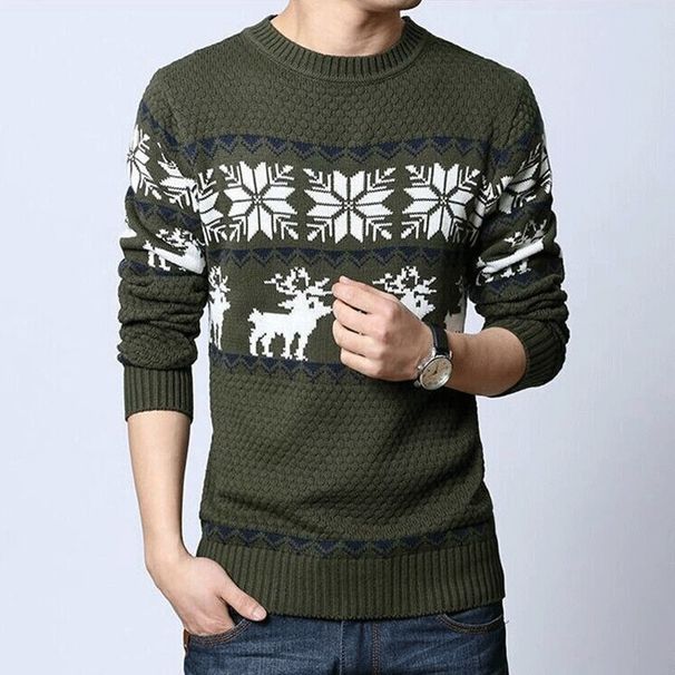 Pure Elk Pattern Korean Style Slim Fit Pullover Crew Neck Sweater Trendy Casual Men's Knitted Base Shirt Jacket_viptrois.com