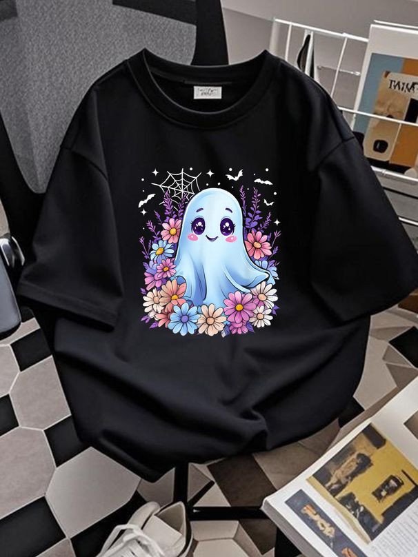 Cute Ghost Flower Halloween Costume Girl Women Spooky Season T-Shirt Versatile T-Shirt For Women Casual Soft Unisex Stylish Breathable Graphic Fashion Designer Clothes Women Summer Casual Streetwear Female Slightly Comfortable Women Top Graphic Tees_viptrois.com