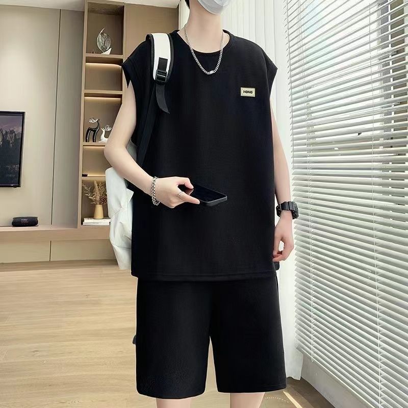 2025 Sleeveless Men's Summer Pineapple Check Loose Vest Casual Sports Two-Piece Trendy Set_viptrois.com