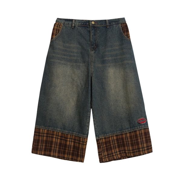 Punk Vintage Washed Denim For Men High Street Trendy Brand Plaid Patchwork Design Loose Straight Five-Point Shorts_viptrois.com