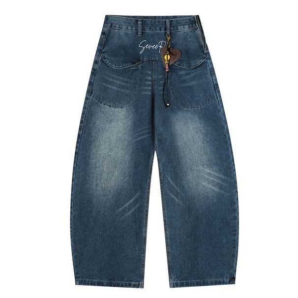 American Style Letter Embroidery Jeans Scimitar Men's Washed Pendant Decoration Wide Leg Loose Long Pants_viptrois.com