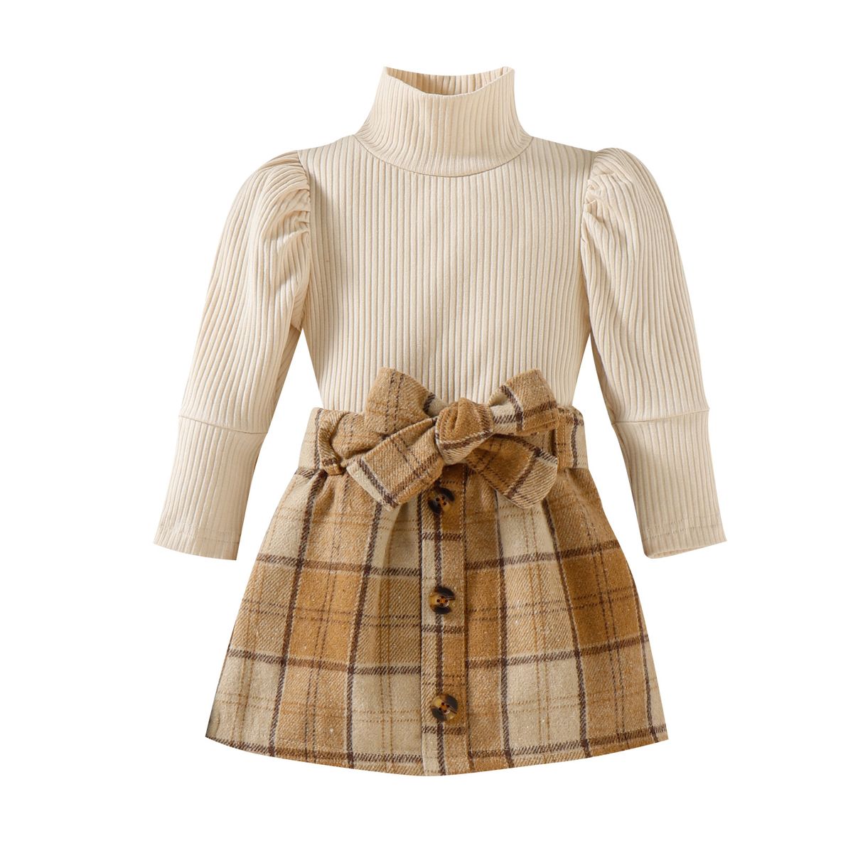 Children's clothing Girls high neck cotton pit strip long sleeve top fashion plaid + printed skirt suit_viptrois.com