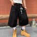 Men's Vintage Washed Cargo Jeans, Loose Fit Wide Leg 7/10 Length Casual Trousers In White & Black Relaxed Wide Leg Cut_viptrois.com
