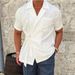Men's Clothing Summer Solid Color Cotton And Linen Suit Lapel Lace Up Short Sleeved Shirt_viptrois.com