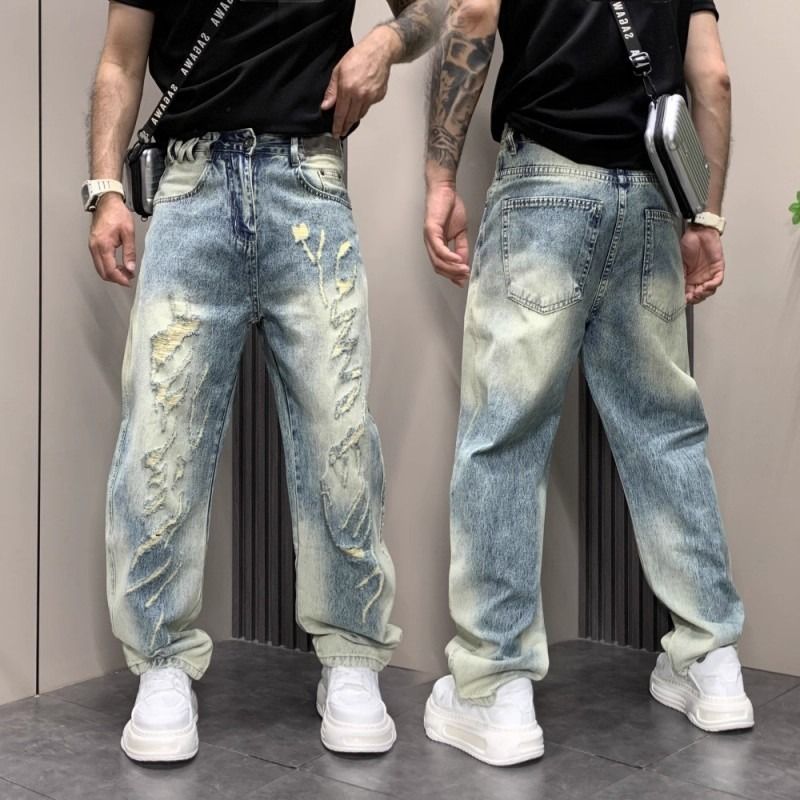 "Men's Distressed Straight Leg Jeans – Vintage Washed Blue Denim With Ripped Details, Trendy Instagram Style (Sizes M-XXXL)"_viptrois.com