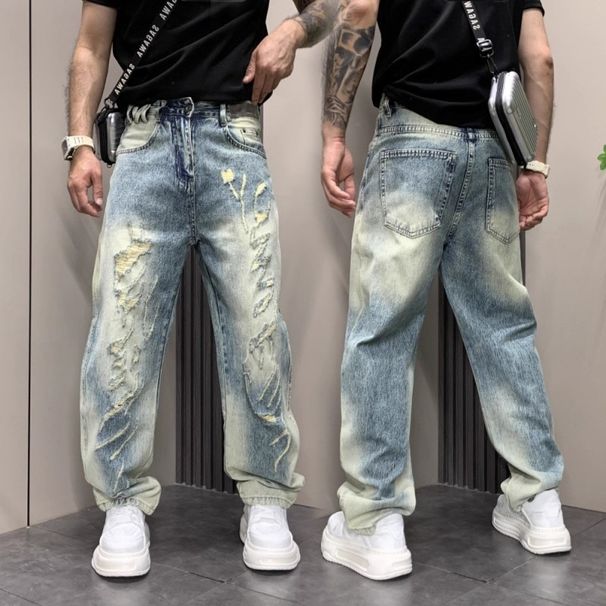 "Men's Distressed Straight Leg Jeans – Vintage Washed Blue Denim With Ripped Details, Trendy Instagram Style (Sizes M-XXXL)"_viptrois.com