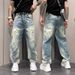 "Men's Distressed Straight Leg Jeans – Vintage Washed Blue Denim With Ripped Details, Trendy Instagram Style (Sizes M-XXXL)"_viptrois.com