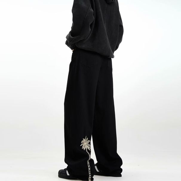 Classic Straight-Leg Black Jeans With Embroidered Detailing – Comfortable Cotton Denim Pants For Everyday Wear_viptrois.com