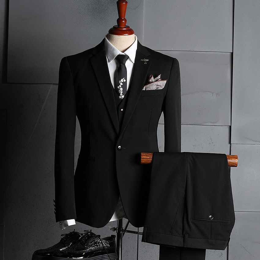Elegant Men's 3-Piece Slim Fit Suit Set - Wedding Banquet Business Blazer Vest & Pants (Black/Navy, S-4XL)_viptrois.com