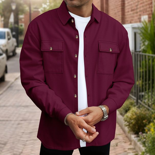 Autumn Men's Solid Color New Waffle Double Pocket Cardigan Button Long Sleeve Casual Shirt_viptrois.com