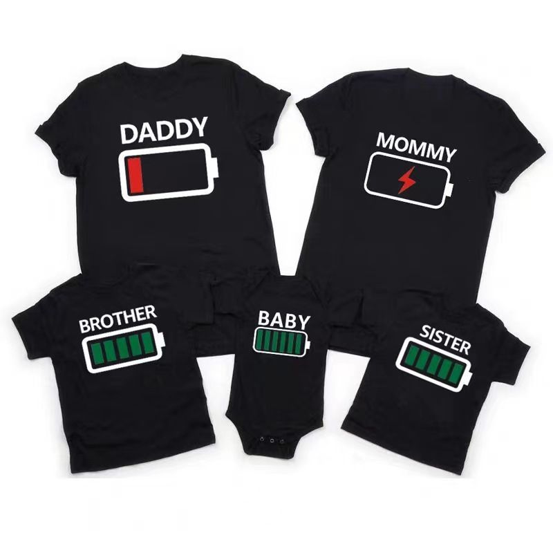 Free Shipping Pure Cotton Ins Letters Battery Dead Interesting Print Parent Daughter Parent Child Outfit T_viptrois.com