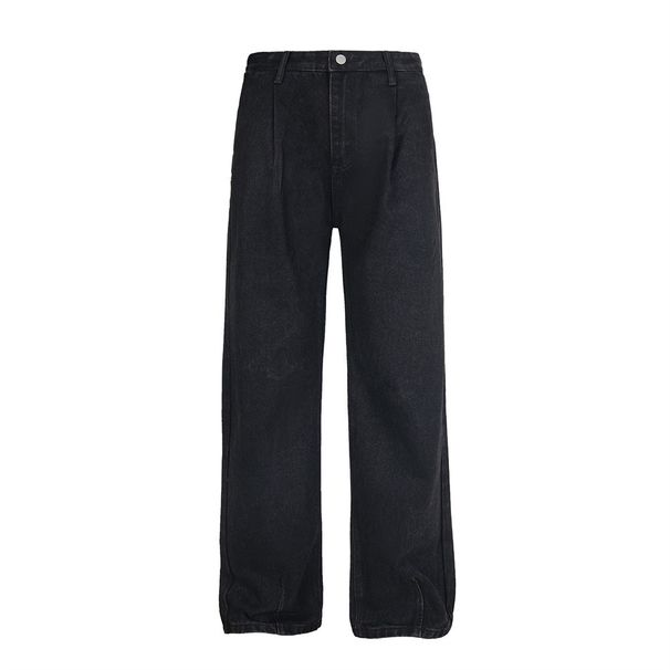 Casual Denim Straight-Leg American High Street Design Sense Pleated Punk Washed Versatile Loose Wide-Leg Pants For Men_viptrois.com