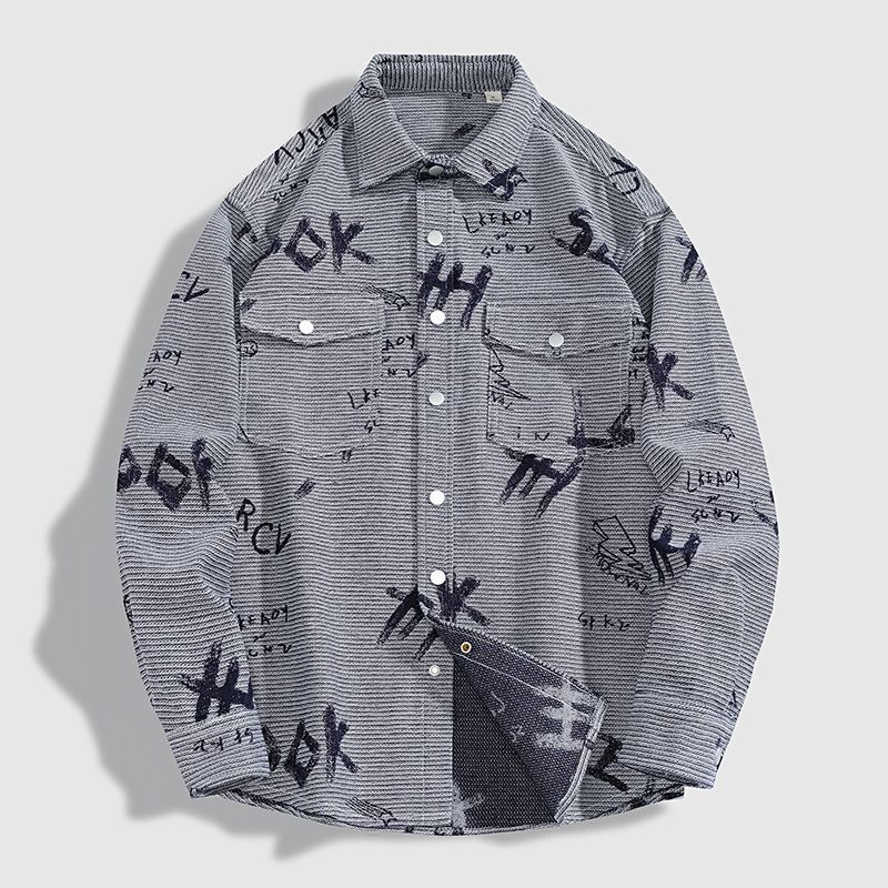 Muqiu Wear 2025 Spring And Autumn New Denim Men's Loose Jacquard Long Sleeve Casual Rascal Shirt Coat_viptrois.com