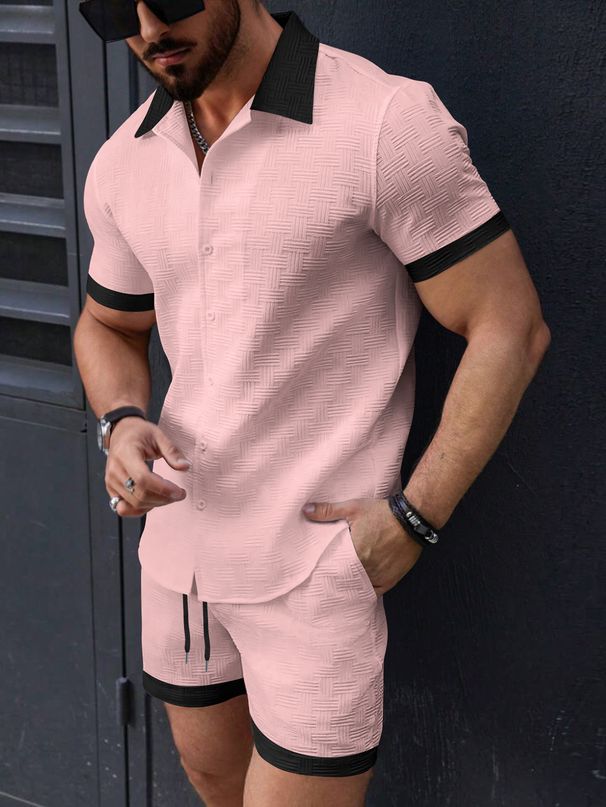 Men's Clothing Summer Men's Shirt Casual Colorblock Short Sleeved Shorts Beach Suit_viptrois.com