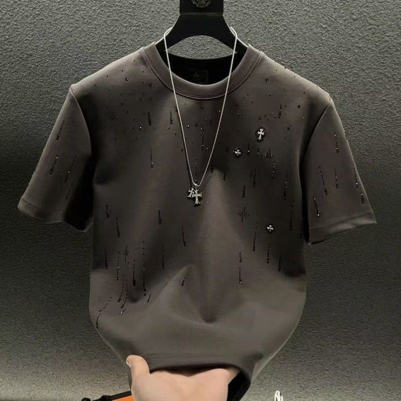 Men's Clothing Spring Men's Short Sleeve T-Shirt Heavy Duty Luxury High End Meteorite Full Rhinestone Crew Neck Custom Top For Men_viptrois.com