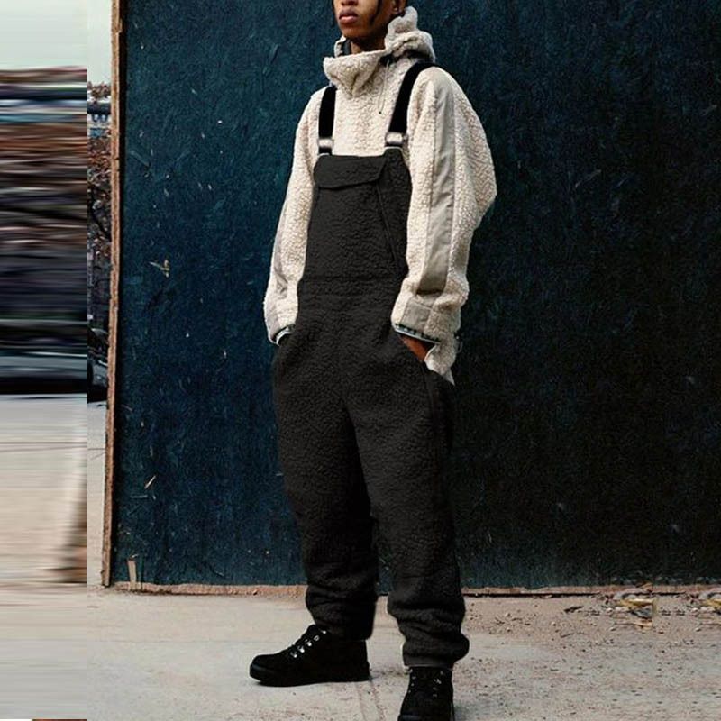 Men's Clothing Pocket Solid Color Lambswool Adjustable Strap Jumpsuit Men's Overalls_viptrois.com