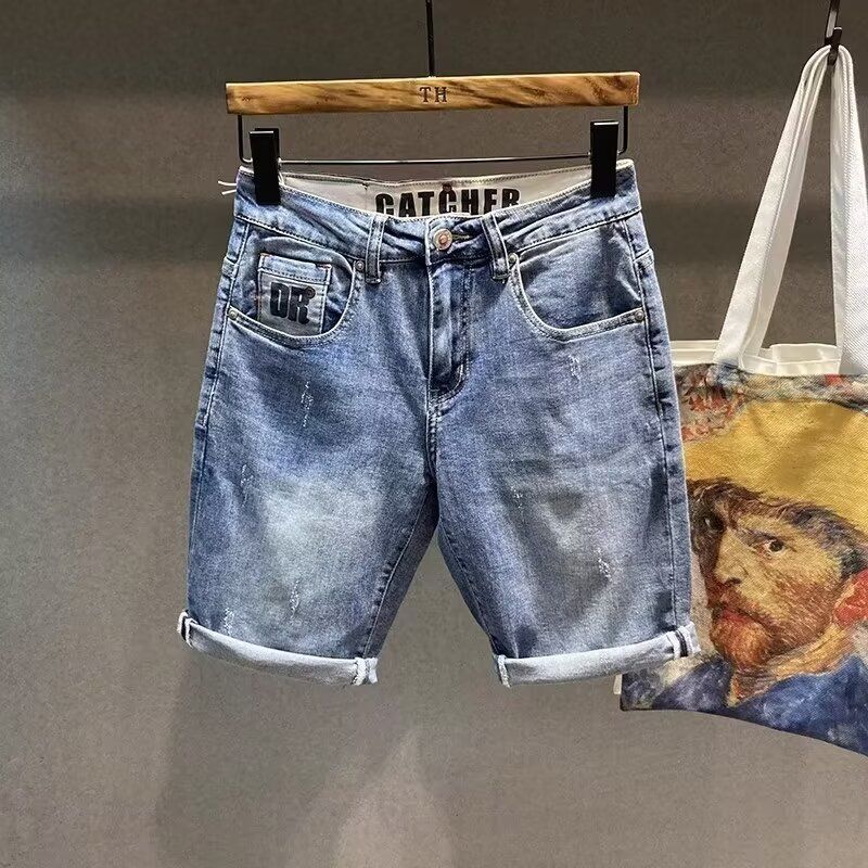 Men's Slim Fit Denim Shorts High End Retro Printed Washed Style Stretch Five Point Length Summer Trendy Casual Shorts_viptrois.com