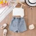 Girls 2025 Summer Hot Sale New Three Dimensional Flower Suspender T Shirt Butterfly Denim Shorts Suit For Small And Medium Children_viptrois.com