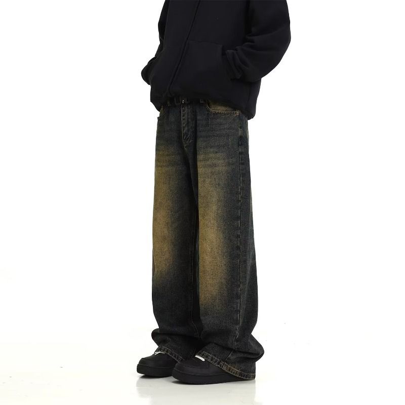 Vintage Washed Denim Jeans For Men – Relaxed Straight-Leg Streetwear Pants With Distressed Details, High-Waisted Loose Fit (S-3XL, Retro Blue)_viptrois.com